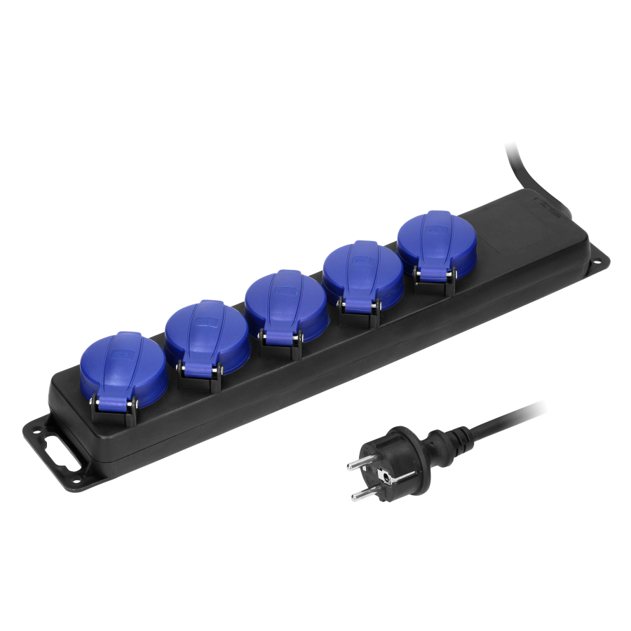 Heavy-duty, splash-proof extension sockets, with rubber cord, 5 sockets 2P+E (Schuko), IP44, H05RR-F 3x1.5mm² - 3m,