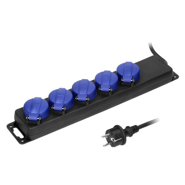 Heavy-duty, splash-proof extension sockets, with rubber cord, 5 sockets 2P+E (Schuko), IP44, H05RR-F 3x1.5mm² - 3m,