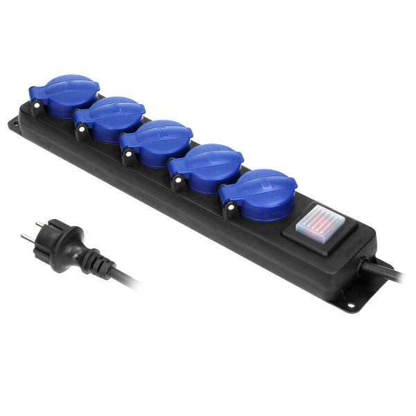 Przedłużacz warsztatowy bryzgoszczelny z wyłącznikiem, 5 gniazd 2P+Z, IP44, przewód gumowy, H05RR-F 3x1,5mm², długość 3m Przedłużacz warsztatowy bryzgoszczelny z wyłącznikiem, 5 gniazd 2P+Z, IP44, przewód gumowy, H05RR-F 3x1,5mm², długość 3m