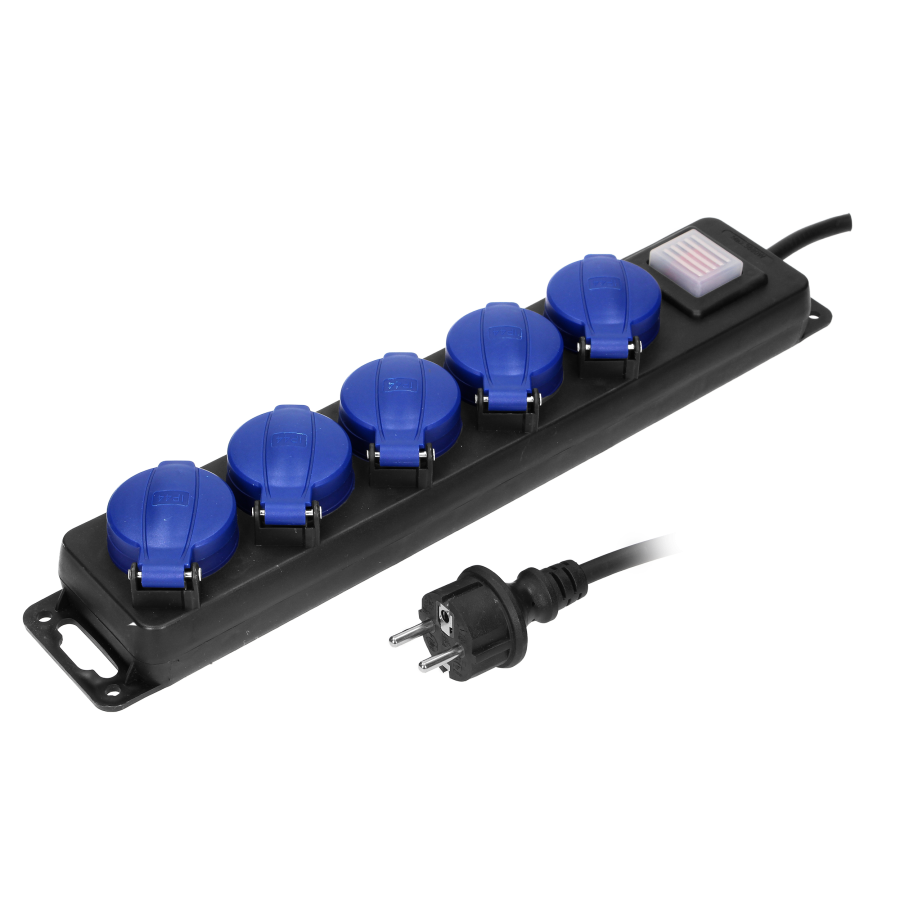 Przedłużacz warsztatowy bryzgoszczelny z wyłącznikiem, 5 gniazd 2P+Z (schuko), IP44, przewód gumowy, H05RR-F 3x1,5mm², długość 5m