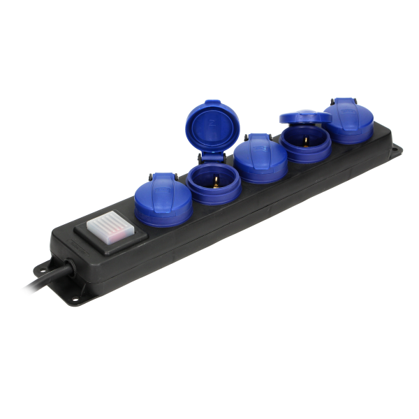 Heavy-duty, splash-proof extension sockets, rubber cord, IP44, H05RR-F 3x1.5mm² - 5m, 5x2P+E (schuko)
