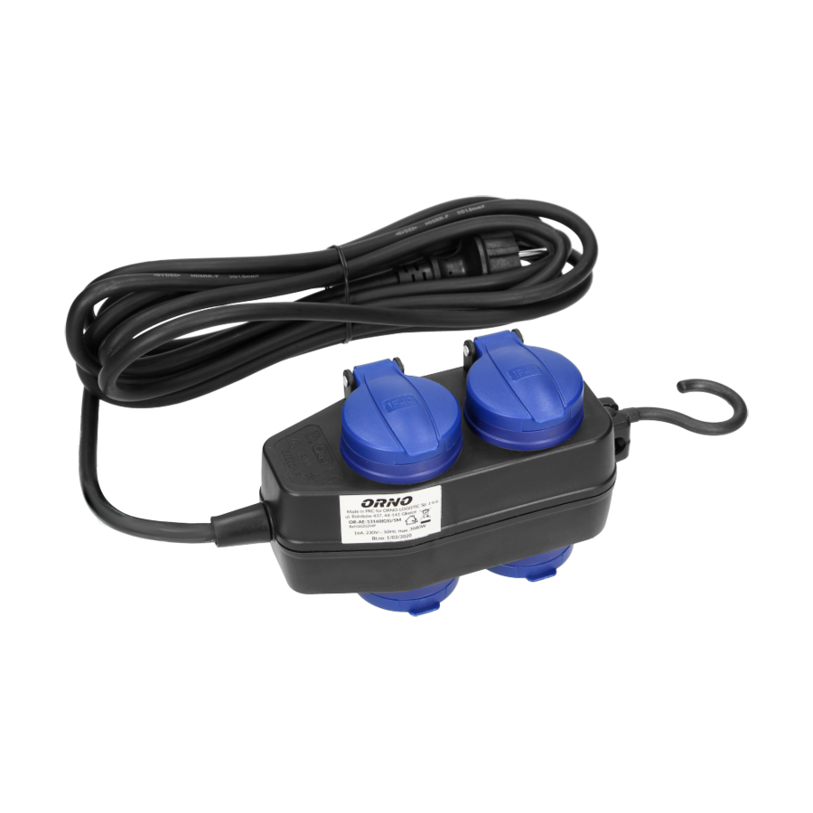 Heavy-duty, splash-proof extension sockets, rubber cord, IP44, H05RR-F 3x1.5mm² - 5m, 2+2 x 2P+E(schuko)