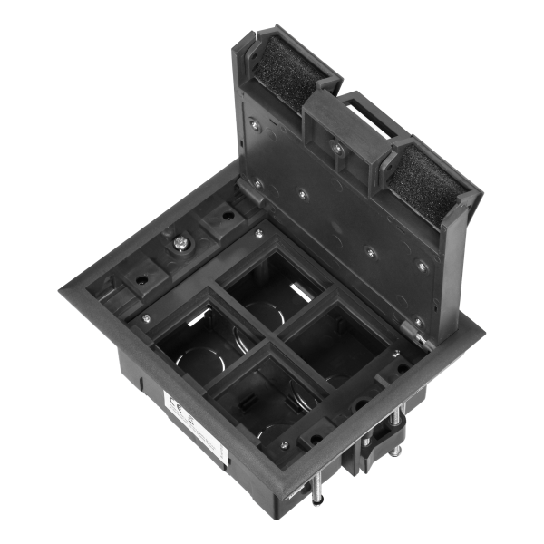 Floor box for module sockets 4 x 45x45mm or 8 x 22.5x45mm, cover: stainless steel, black