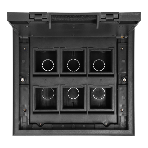 Floor box for module sockets 6 x 45x45mm or 12 x 22.5x45mm, cover: own material, black