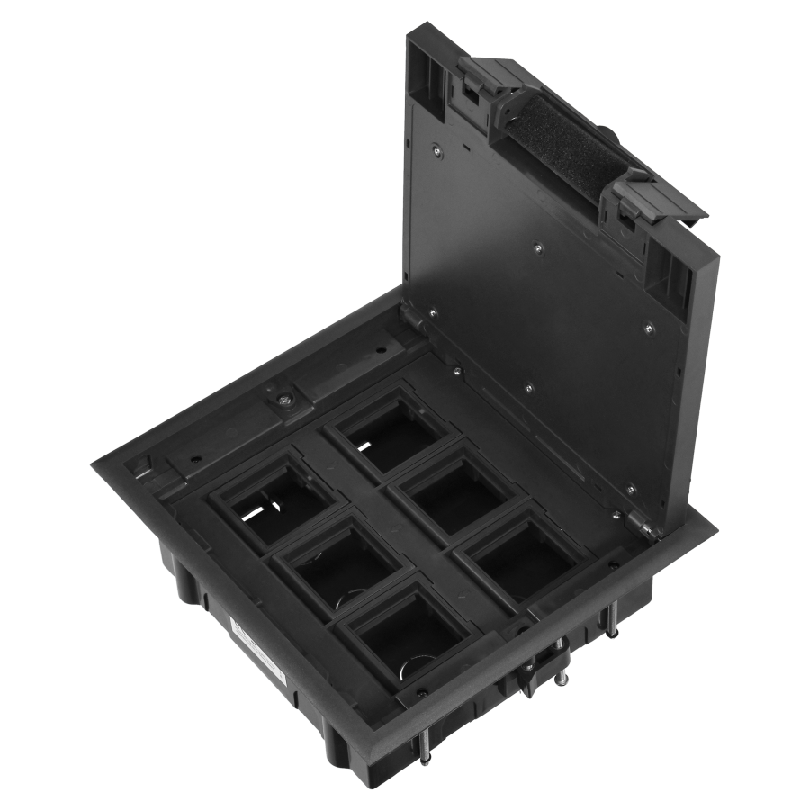 Puszka podłogowa na gniazda modułowe 6 x 45x45mm lub 12 x 22,5x45mm, pokrywa: plastik, czarna