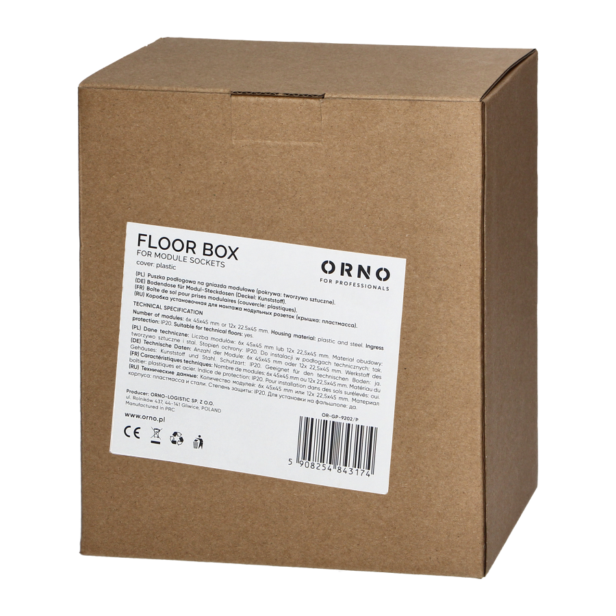 Floor box for module sockets 6 x 45x45mm or 12 x 22.5x45mm, cover: stainless steel, black