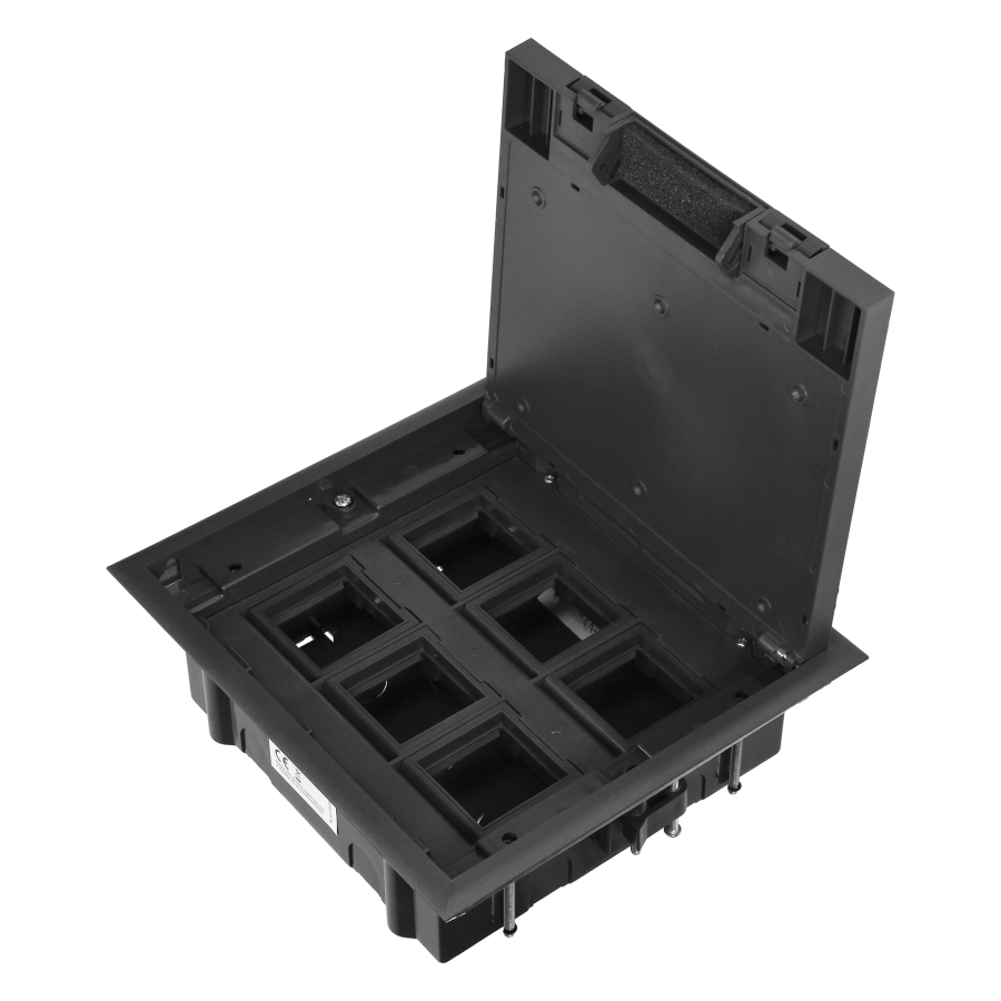 Puszka podłogowa na gniazda modułowe 6 x 45x45mm lub 12 x 22,5x45mm, pokrywa: stal nierdzewna, czarna