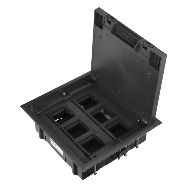 Puszka podłogowa na gniazda modułowe 6 x 45x45mm lub 12 x 22,5x45mm, pokrywa: stal nierdzewna, czarna