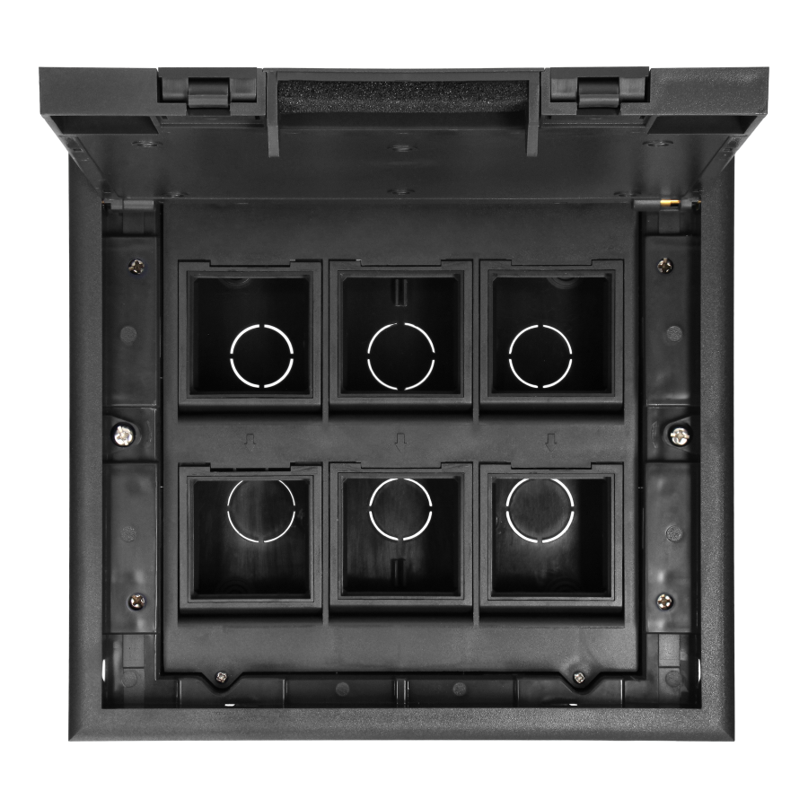 Floor box for module sockets 6 x 45x45mm or 12 x 22.5x45mm, cover: stainless steel, black