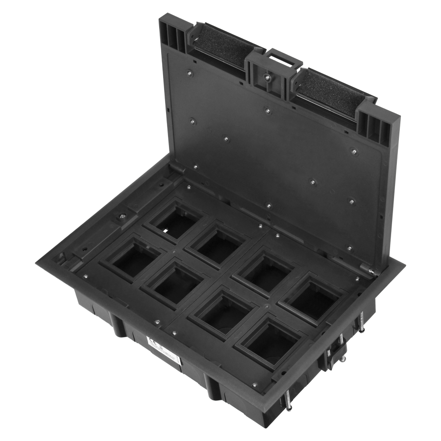 Floor box for module sockets 8 x 45x45mm or 16 x 22.5x45mm, cover: stainless steel, black