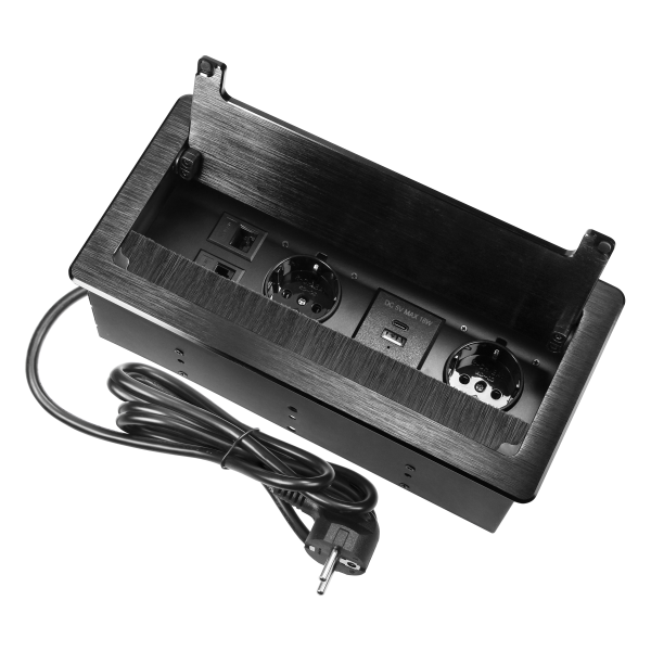 Gniazdo meblowe wpuszczane w blat z płaskim frezowanym rantem, szczotką przeciwkurzową i przewodem 1,5m, 2x2P+Z (Schuko), 2xUSB (typ A+C; 3,6A), 2xNET, czarne
