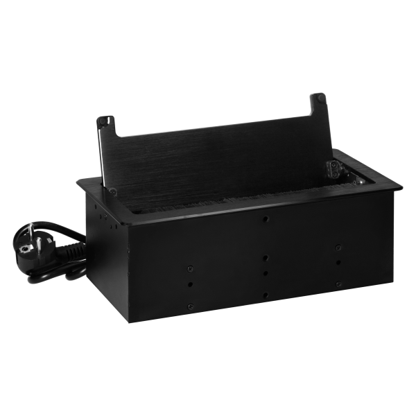 Gniazdo meblowe wpuszczane w blat z płaskim frezowanym rantem, szczotką przeciwkurzową i przewodem 1,5m, 2x2P+Z (Schuko), 2xUSB (typ A+C; 3,6A), 2xNET, czarne