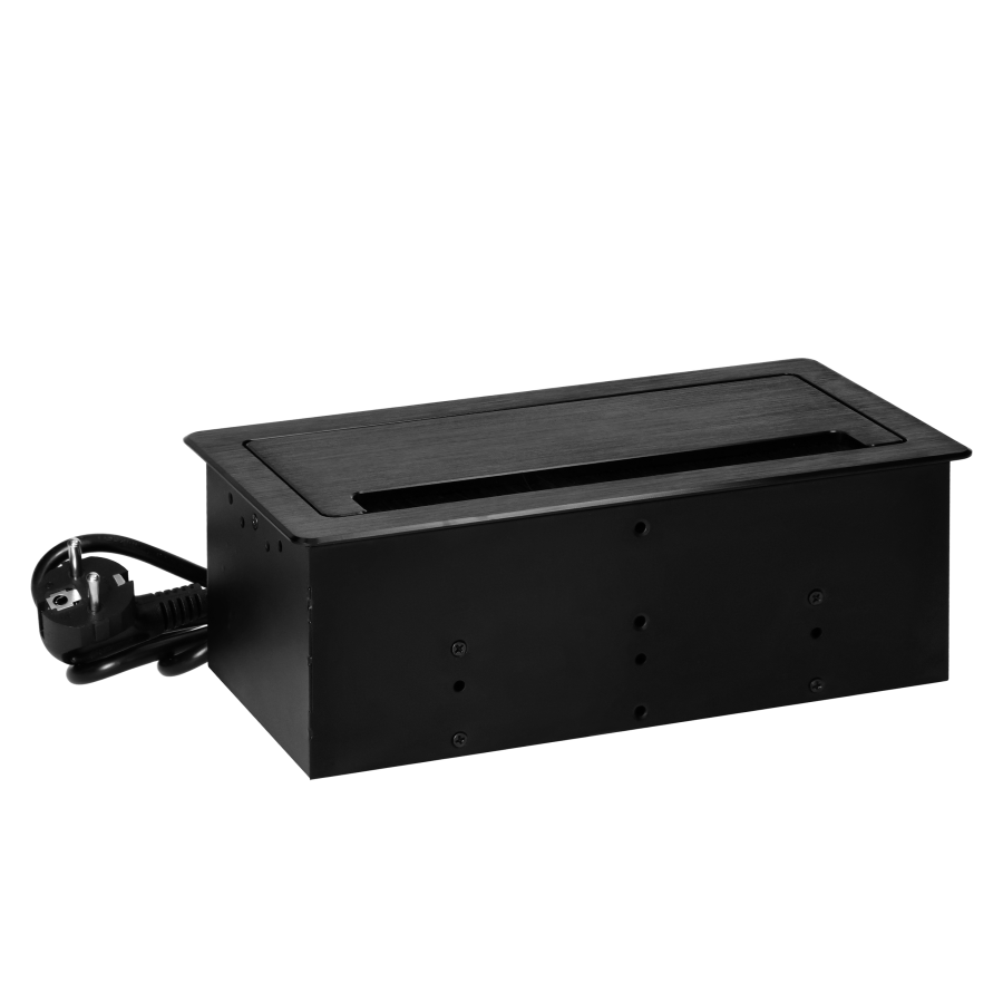 Recessed furniture socket with flat milled edge, anti-dust brush and 1.5m cable, 2x2P+E (Schuko), 2x USB (type A+C; 3.6A), 2xNET, black