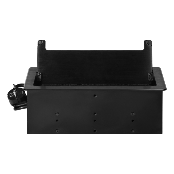 Gniazdo meblowe wpuszczane w blat z płaskim frezowanym rantem, szczotką przeciwkurzową i przewodem 1,5m, 2x2P+Z (Schuko), 2xUSB (typ A+C; 3,6A), 2xNET, czarne