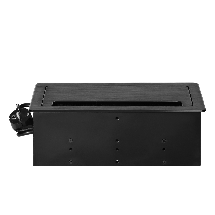 Gniazdo meblowe wpuszczane w blat z płaskim frezowanym rantem, szczotką przeciwkurzową i przewodem 1,5m, 2x2P+Z (Schuko), 2xUSB (typ A+C; 3,6A), 2xNET, czarne