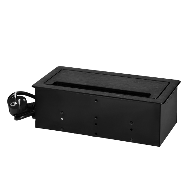 Gniazdo meblowe wpuszczane w blat z płaskim frezowanym rantem, szczotką przeciwkurzową i przewodem 1,5m, 2x2P+Z (Schuko), 2xUSB (typ A+C; 3,6A), 2xNET, czarne