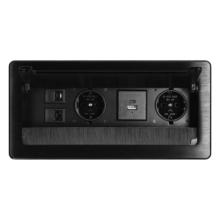 Recessed furniture socket with flat milled edge, anti-dust brush and 1.5m cable, 2x2P+E (Schuko), 2x USB (type A+C; 3.6A), 2xNET, black