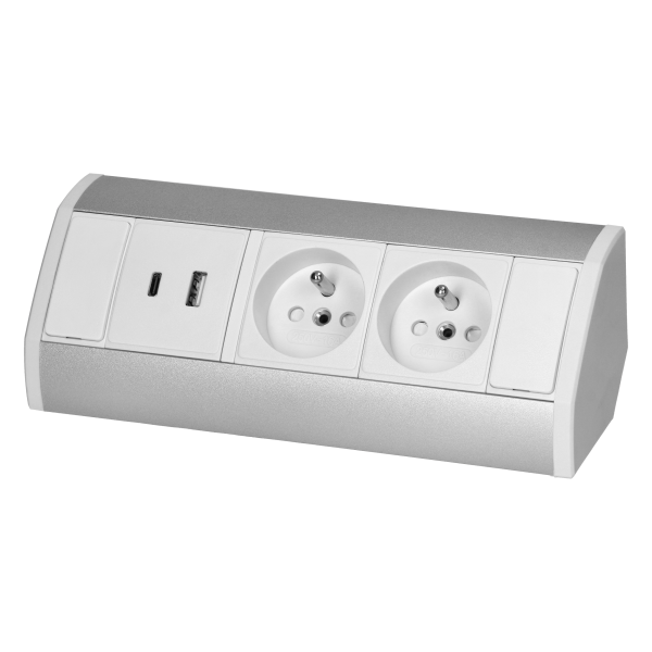 Furniture socket 2x2P+E, 2xUSB (A+C type; 2.4A), white-silver