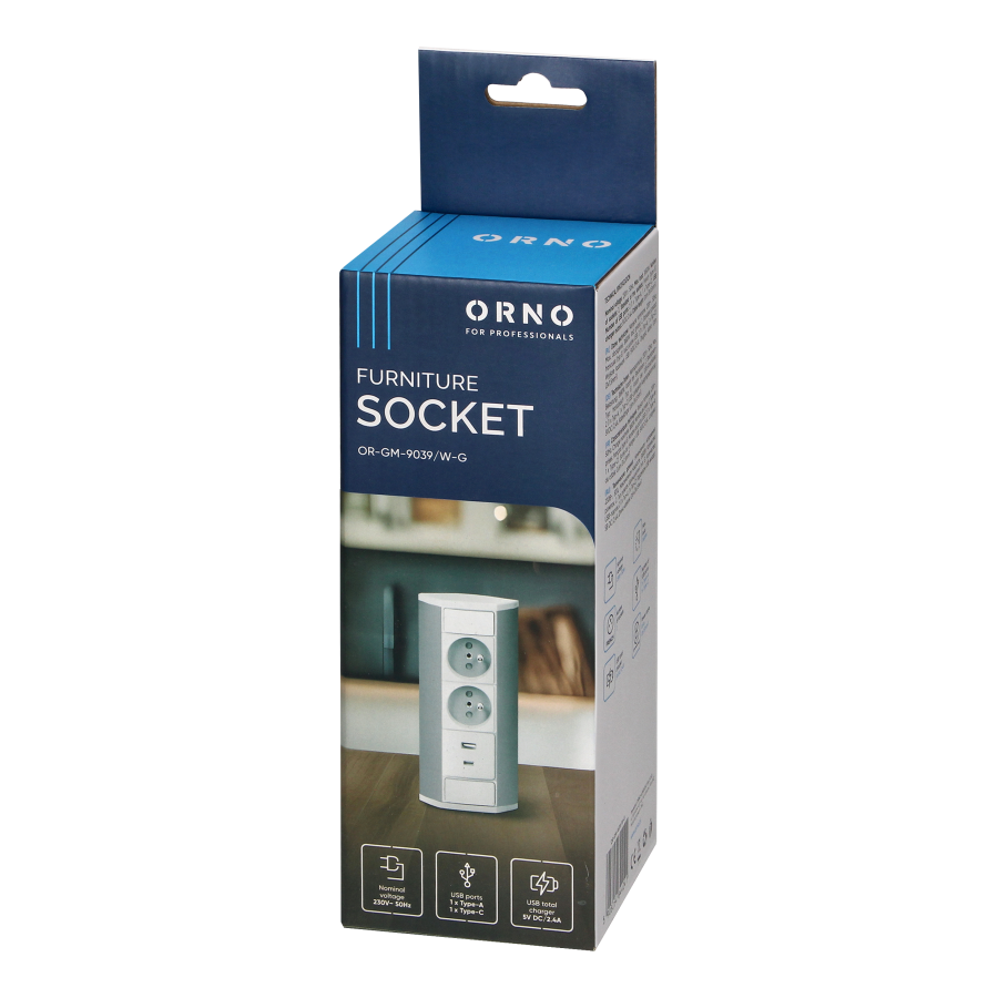 Furniture socket 2x2P+E, 2xUSB (A+C type; 2.4A), white-silver