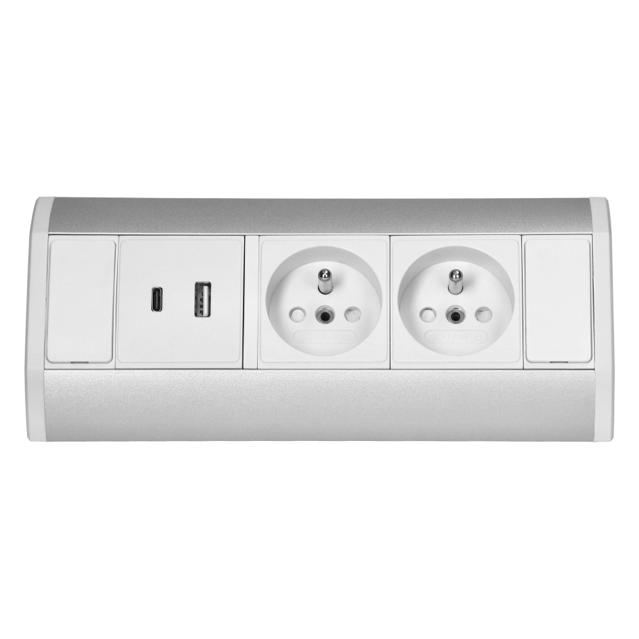 Gniazdo meblowe 2x2P+Z, 2xUSB (typ A+C; 2,4A), biało-srebrne