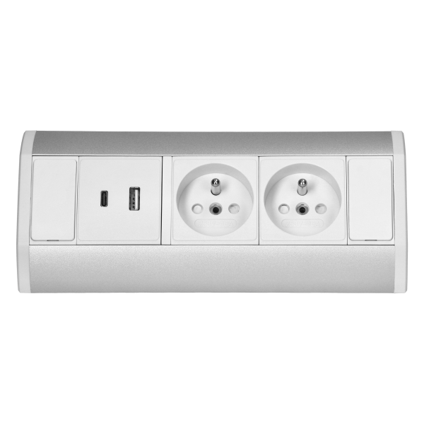 Furniture socket 2x2P+E, 2xUSB (A+C type; 2.4A), white-silver