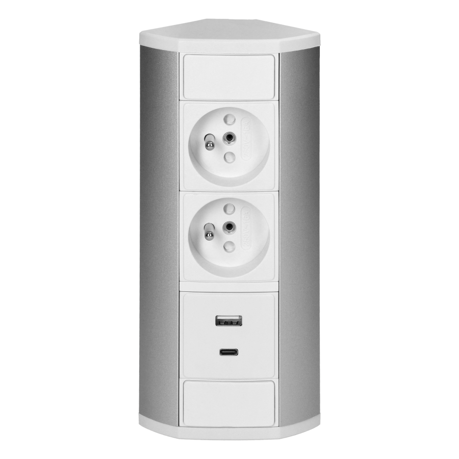 Furniture socket 2x2P+E, 2xUSB (A+C type; 2.4A), white-silver