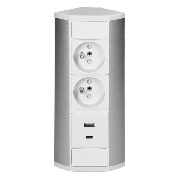 Gniazdo meblowe 2x2P+Z, 2xUSB (typ A+C; 2,4A), biało-srebrne