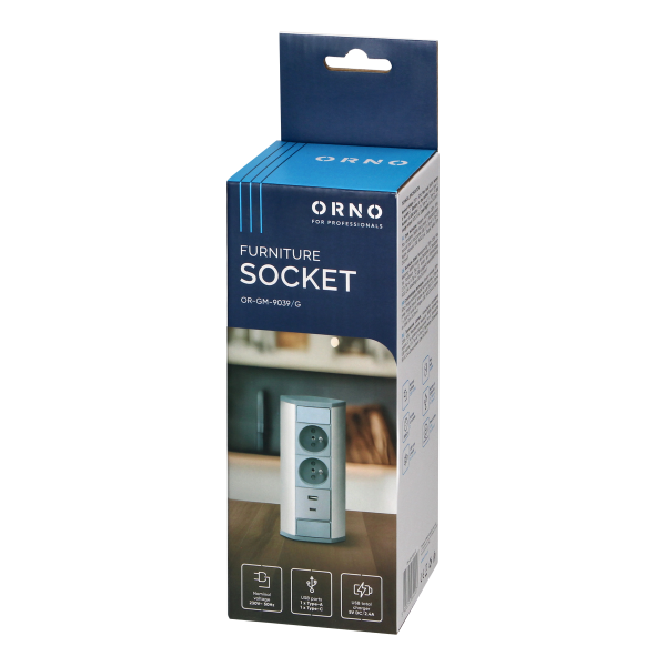 Furniture socket 2x2P+E, 2xUSB (A+C type; 2.4A), grey-silver Furniture socket 2x2P+E, 2xUSB (A+C type; 2.4A), grey-silver