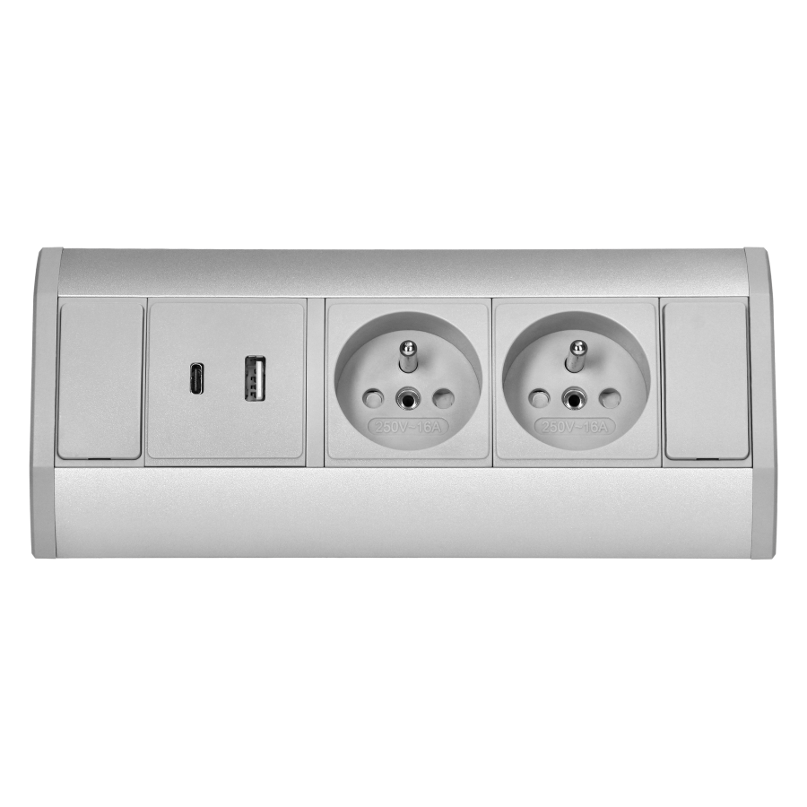 Furniture socket 2x2P+E, 2xUSB (A+C type; 2.4A), grey-silver