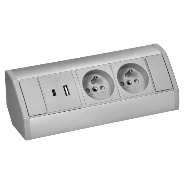 Gniazdo meblowe 2x2P+Z, 2xUSB (typ A+C; 2,4A), szaro-srebrne