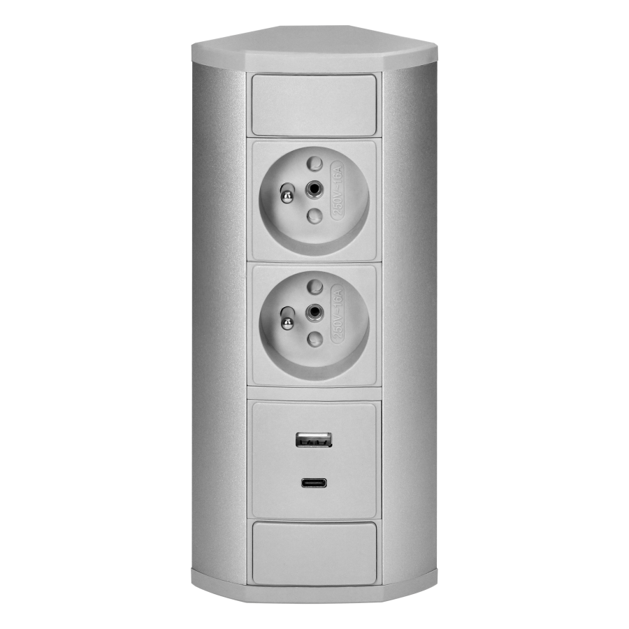 Gniazdo meblowe 2x2P+Z, 2xUSB (typ A+C; 2,4A), szaro-srebrne