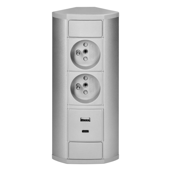 Gniazdo meblowe 2x2P+Z, 2xUSB (typ A+C; 2,4A), szaro-srebrne