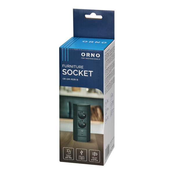 Furniture socket 2x2P+E, 2xUSB (A+C type; 2.4A), black
