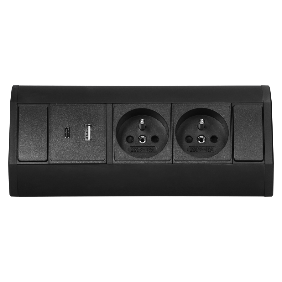 Gniazdo meblowe 2x2P+Z, 2xUSB (typ A+C; 2,4A), czarne