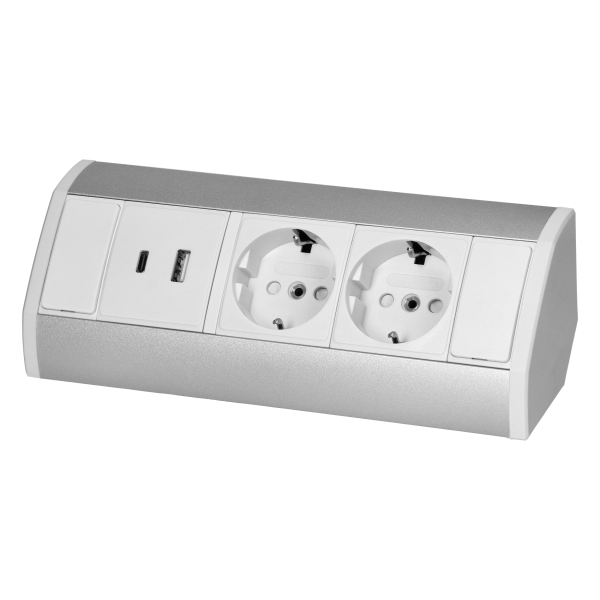 Gniazdo meblowe 2x2P+Z (Schuko), 2xUSB (typ A+C; 2,4A), biało-srebrne Gniazdo meblowe 2x2P+Z (Schuko), 2xUSB (typ A+C; 2,4A), biało-srebrne