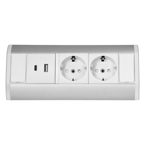 Gniazdo meblowe 2x2P+Z (Schuko), 2xUSB (typ A+C; 2,4A), biało-srebrne Gniazdo meblowe 2x2P+Z (Schuko), 2xUSB (typ A+C; 2,4A), biało-srebrne