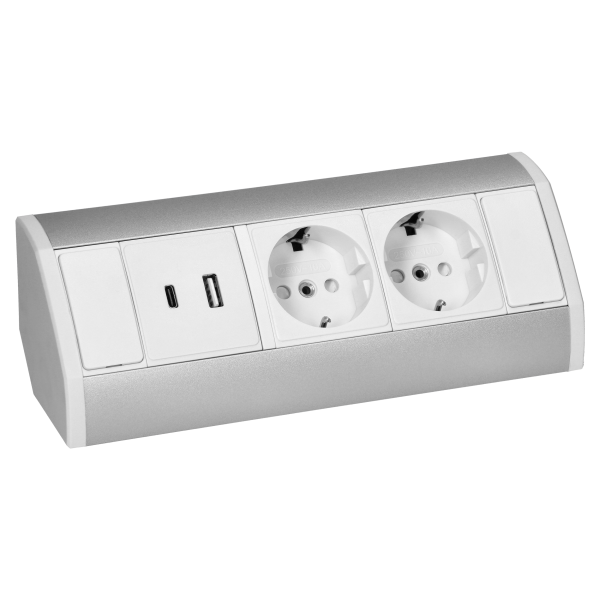 Gniazdo meblowe 2x2P+Z (Schuko), 2xUSB (typ A+C; 2,4A), biało-srebrne Gniazdo meblowe 2x2P+Z (Schuko), 2xUSB (typ A+C; 2,4A), biało-srebrne