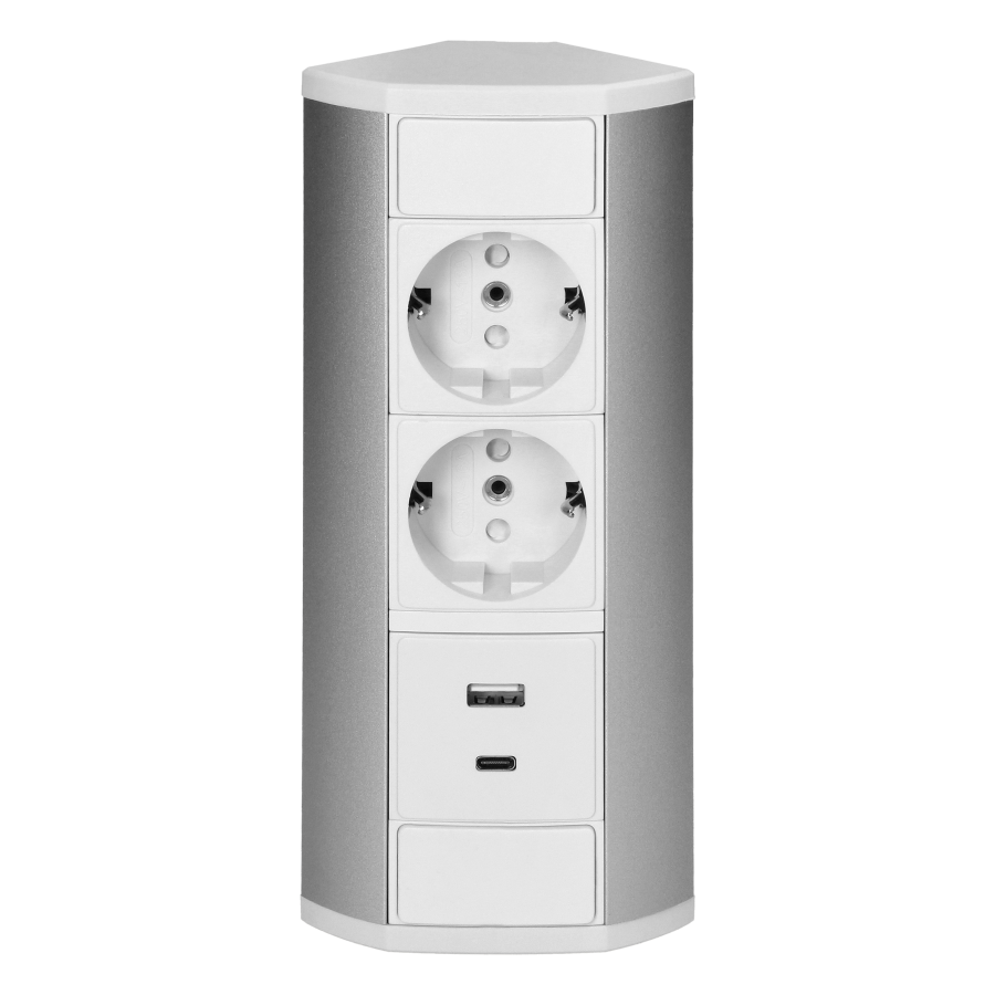 Furniture socket 2x2P+E (Schuko), 2xUSB (A+C type; 2.4A), white-silver