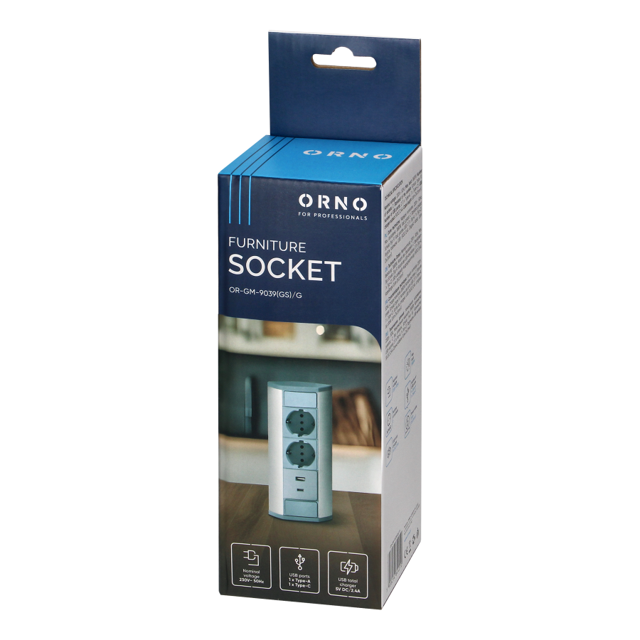 Gniazdo meblowe 2x2P+Z (Schuko), 2xUSB (typ A+C; 2,4A), szaro-srebrne
