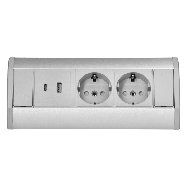 Furniture socket 2x2P+E (Schuko), 2xUSB (A+C type; 2.4A), grey-silver Furniture socket 2x2P+E (Schuko), 2xUSB (A+C type; 2.4A), grey-silver