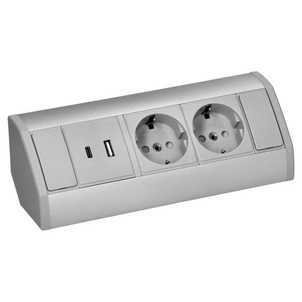 Furniture socket 2x2P+E (Schuko), 2xUSB (A+C type; 2.4A), grey-silver Furniture socket 2x2P+E (Schuko), 2xUSB (A+C type; 2.4A), grey-silver