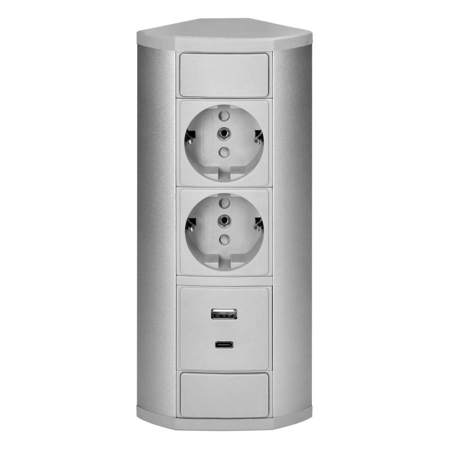 Gniazdo meblowe 2x2P+Z (Schuko), 2xUSB (typ A+C; 2,4A), szaro-srebrne