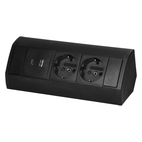 Furniture socket 2x2P+E (Schuko), 2xUSB (A+C type; 2.4A), black