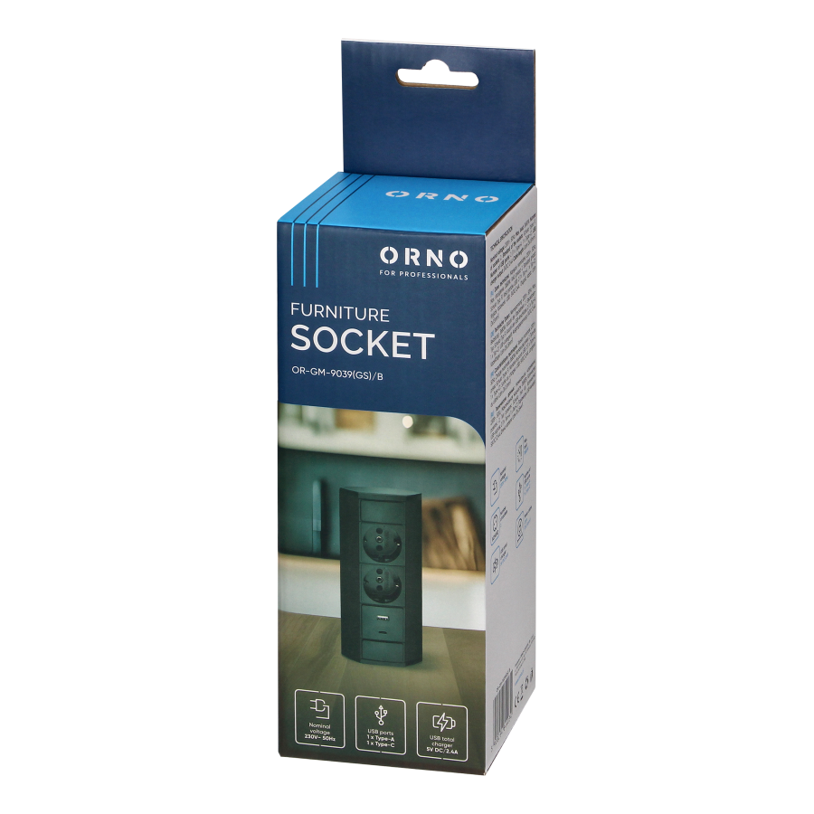 Furniture socket 2x2P+E (Schuko), 2xUSB (A+C type; 2.4A), black