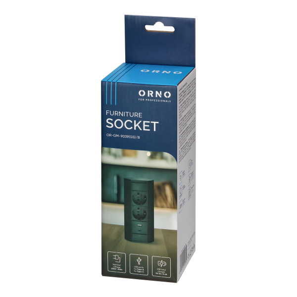Gniazdo meblowe 2x2P+Z (Schuko), 2xUSB (typ A+C; 2,4A), czarne Gniazdo meblowe 2x2P+Z (Schuko), 2xUSB (typ A+C; 2,4A), czarne