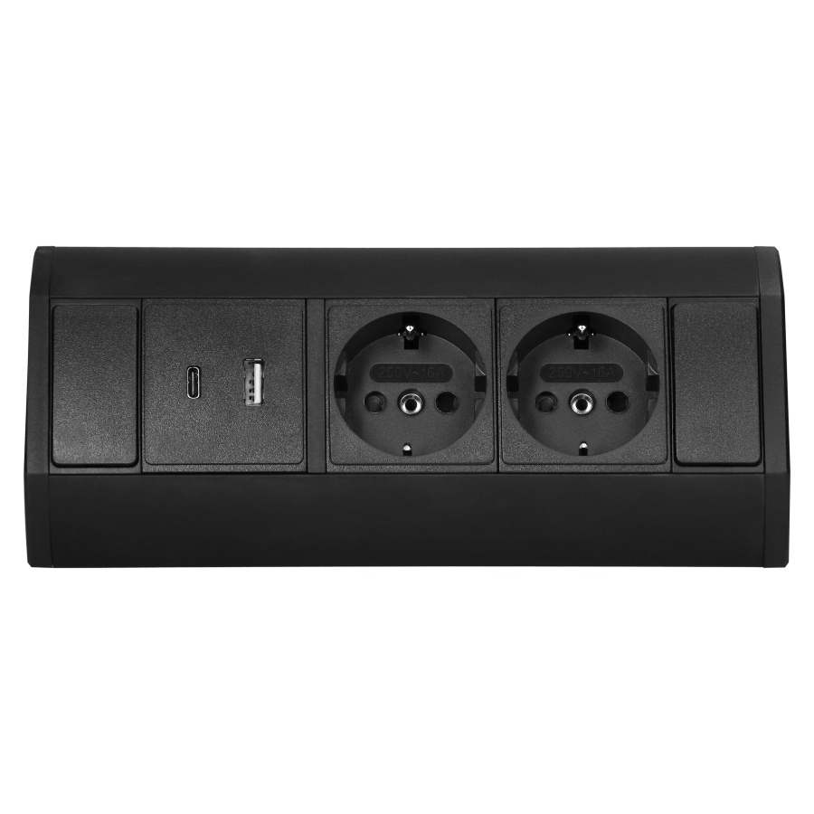 Furniture socket 2x2P+E (Schuko), 2xUSB (A+C type; 2.4A), black