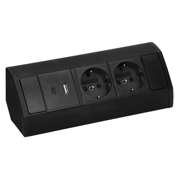 Furniture socket 2x2P+E (Schuko), 2xUSB (A+C type; 2.4A), black
