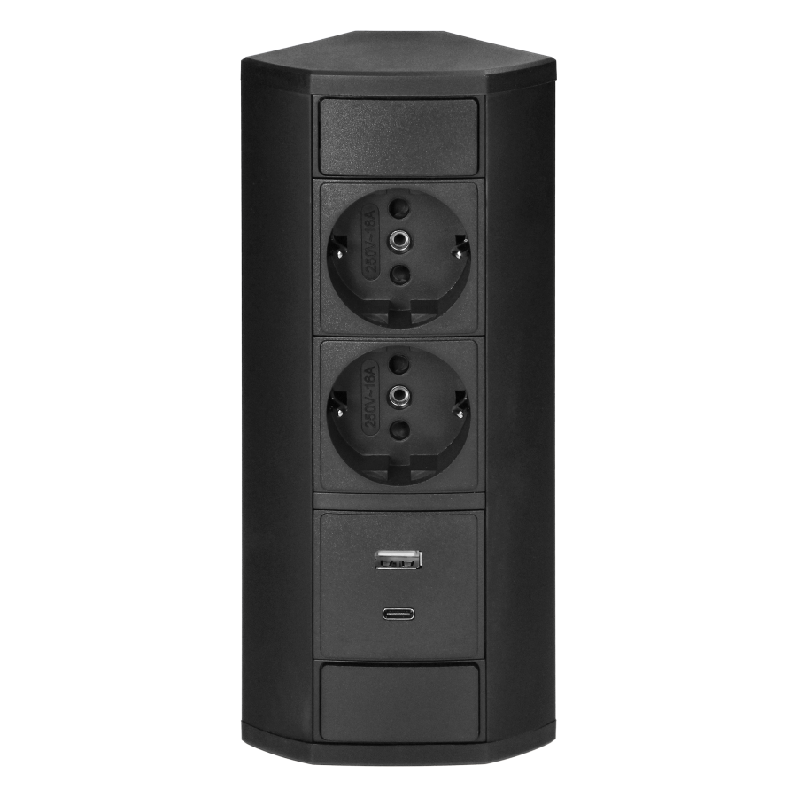 Gniazdo meblowe 2x2P+Z (Schuko), 2xUSB (typ A+C; 2,4A), czarne