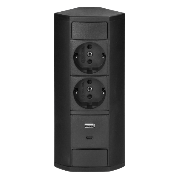 Furniture socket 2x2P+E (Schuko), 2xUSB (A+C type; 2.4A), black