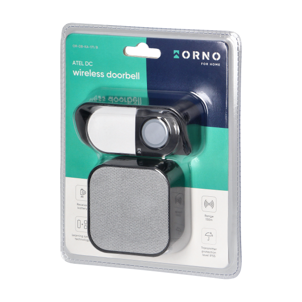 ATEL DC, wireless battery-powered doorbell, learning system, 38 sounds, 150m, black